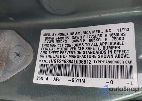 2004 Honda Civic Vp из США, поврежденный, VIN 1HGES16384L006612